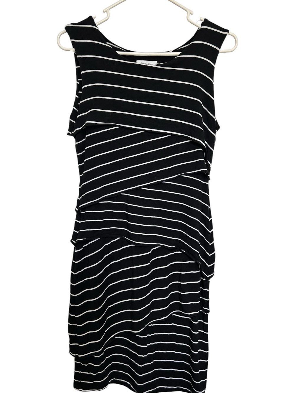 Calvin Klein Black and White Striped Asymmetrical Sleeveless Dress Sz 6